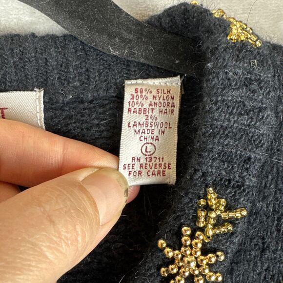 Karen Scott Silk Angora Cardigan Sweater Womens L Black Gold Bead Holiday (1052) - Picture 3 of 11